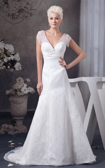 Plunged Caped-Sleeve A-Line Gown with Appliques and Ruched Waist