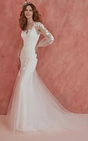 Ethereal Bateau Long Sleeve Sweep Train Floor-Length Trumpet Wedding Dress With Appliques