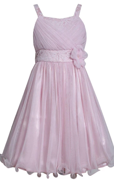 Sleeveless A-line Tulle Dress With Lace and Flower