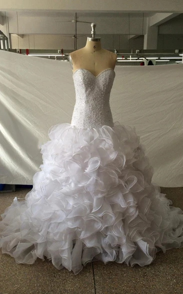 Sweetheart Dropped Waist Mermaid Organza Wedding Dress With Ruffles And Sequins