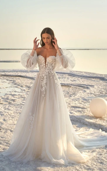 A Line V neck Chiffon Wedding Dress Elegant Casual Sexy Romantic Adorable Beach Garden With Balloon Long Sleeves And Appliques June Bridals