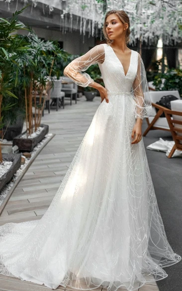 Romantic A Line V-neck Organza Court Train Wedding Dress with Ruching