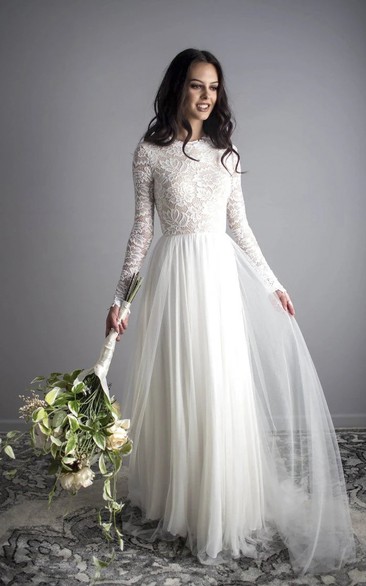 Bohemian A-line Ethereal Open Back Illusion Lace Long Sleeve Jewel Tulle Dress