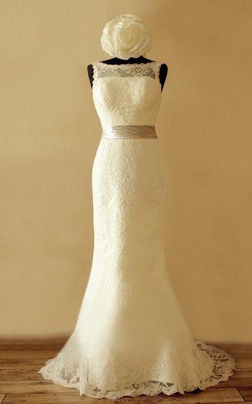 Bateau Sleeveless Low-V Back Sheath Lace Wedding Dress With Sash And Flower