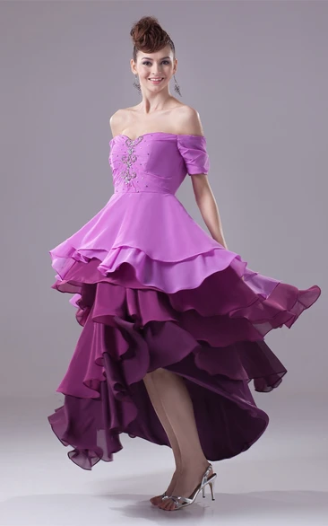 Asymmetrical Off The Shoulder Strapless Gown with Tiered Ruffle and Beadings