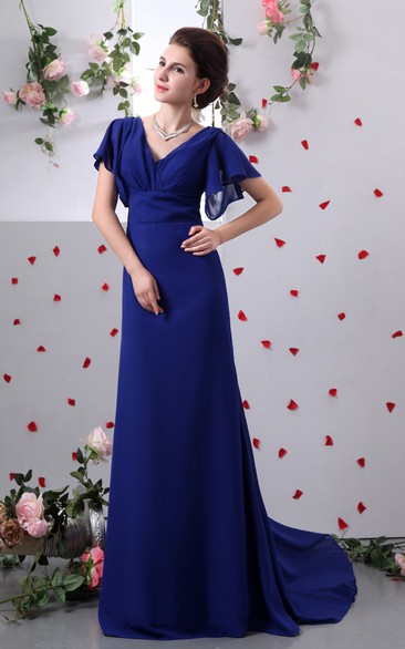 V-Neck Sleeve Caped Pleated Column Dress With Brush Train