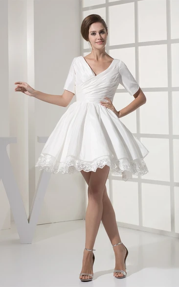 Short-Sleeve V-Neck Criss-Cross Mini Dress with Appliques