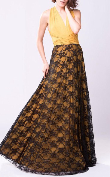 Mustard Yellow Boho Vintage Lace Long Bridesmaid Dress