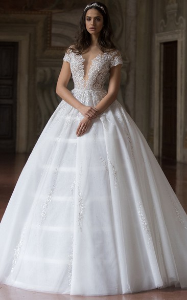 Modern Plunging Neckline Short Sleeve Floor-length Tulle Ball Gown Wedding Dress with Appliques