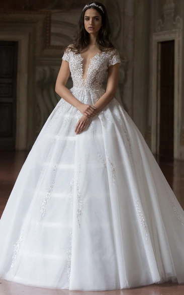 Modern Plunging Neckline Short Sleeve Floor-length Tulle Ball Gown Wedding Dress with Appliques