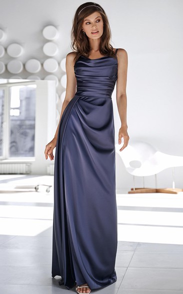 Ethereal Satin Cowel Sheath Floor-length Evening Dress with Ruching and Split Front
