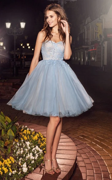 A-Line Short Strapless Tulle Backless Dress With Criss Cross And Appliques