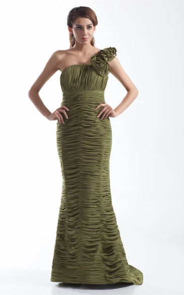 one-shoulder sheath mermaid dress with overall ruched design and flower