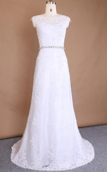 Bateau Sleeveless Lace Floor-Length Dress With Appliques And Waist Jewellery