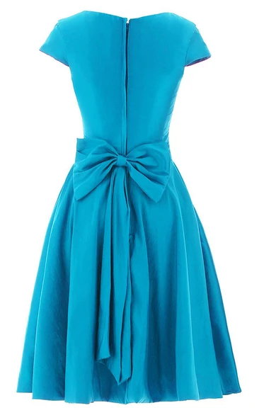Short Sleeve Knee-length Pleated Chiffon Dress With Bowknot