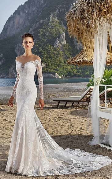 Sheath Off-The-Shoulder Long-Sleeve Lace Wedding Dress With Illusion