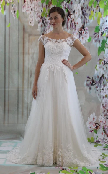 Boat Neck Cap Sleeve A-Line Tulle Wedding Dress With Lace Bodice