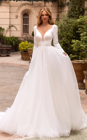 Elegant Ball gown V-neck Satin Chapel Train Wedding Dress with Ruching