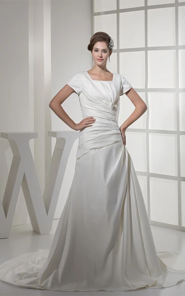 Square-Neck Caped-Sleeve A-Line Gown with Ruching and Bow