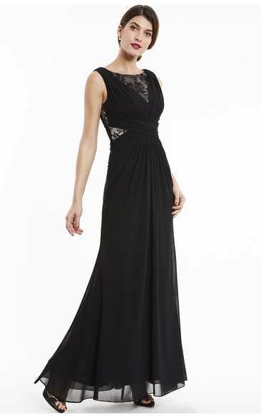 Sleeveless Bateau Elegant A-line Chiffon Gown With Lace Appliqued Top
