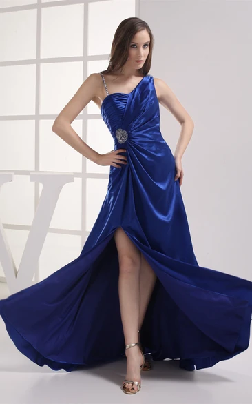 One-Shoulder Side-Ruched Satin Dress with Broach and Front Slit