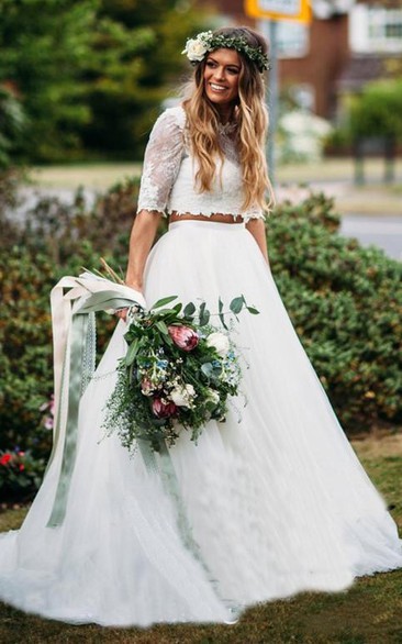 Sexy Two Piece Lace Tulle Bateau Half Sleeve Wedding Dress with Ruffles