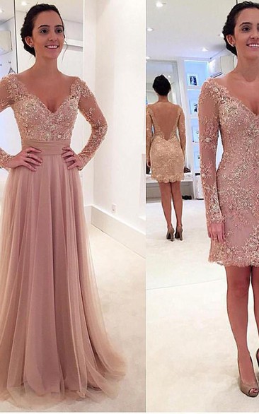 Long Sleeves V-neck Tulle Prom Dress with Detachable Train
