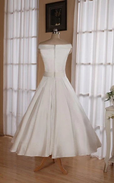 Sleeveless Tea-Length Satin Wedding Dress With Sash And Off-The ...