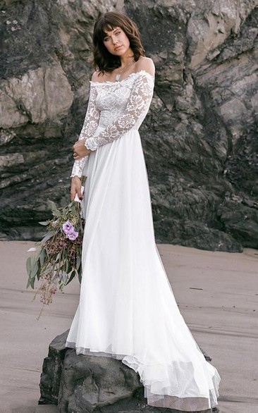 Boho Simple Lace Tulle Off-the-shoulder A Line Long Sleeve Wedding Dress