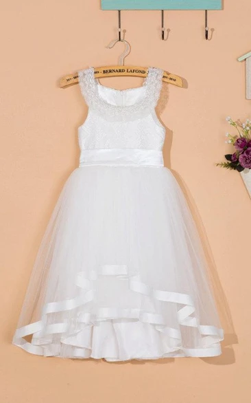 Sleeveless Scoop Neck Layered Tulle&Lace Dress With Flower