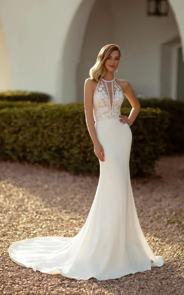 Mermaid Halter Bridal Gown Sleeveless Sweep Train with Elegant Button Back
