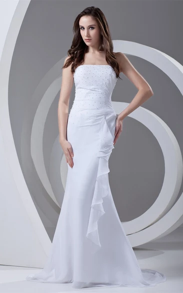 strapless column chiffon gown with draping and beading