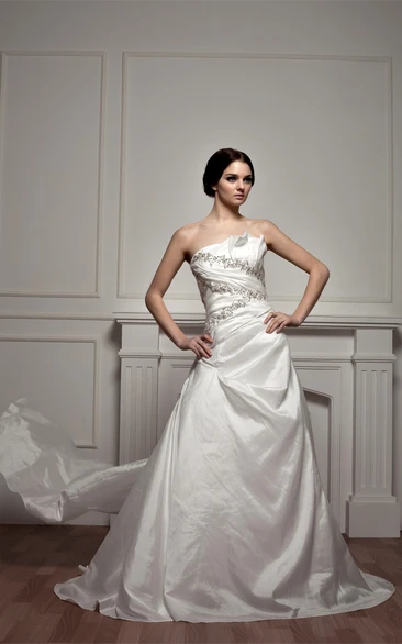 Strapless Taffeta A-Line Dress with Beading and Sweep Train