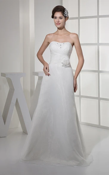Strapless Criss-Cross A-Line Gown with Flower and Beading