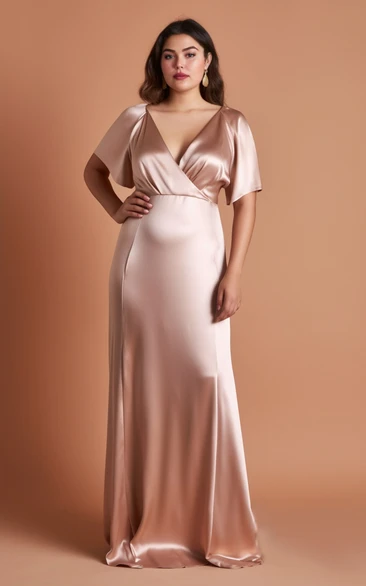 Plus Size 2023 Sheath Satin Short Sleeve Bridesmaid Dress Simple Casual Sexy Ethereal Modern V-neck Floor-length