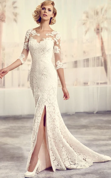Floor-Length Scoop Split-Front Long-Sleeve Lace Wedding Dress
