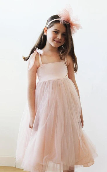 Strapped Tulle Dress With Flower and Pleats