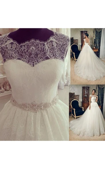Elegant Lace Fashion Cap Sleeve Princess Wedding Dress With Crystals