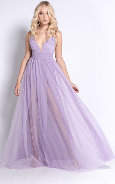 Ethereal A Line Long Sleeve Plunging Neckline Floor-length Formal Dress with Ruching