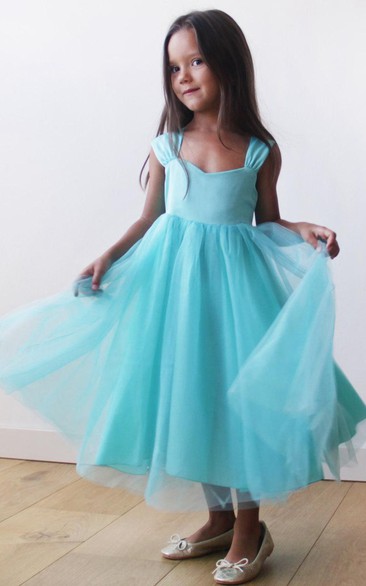 Cap Sleeve V-neck Pleated Tulle Dress With Bow