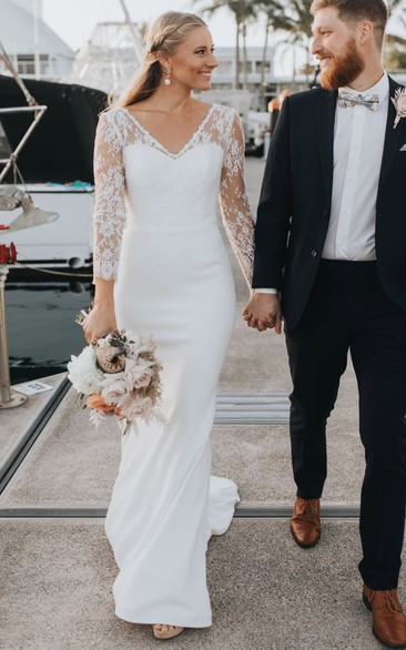 Elegant Lace Satin Sheath V-neck Sweep Train Deep-V Back Wedding Dress