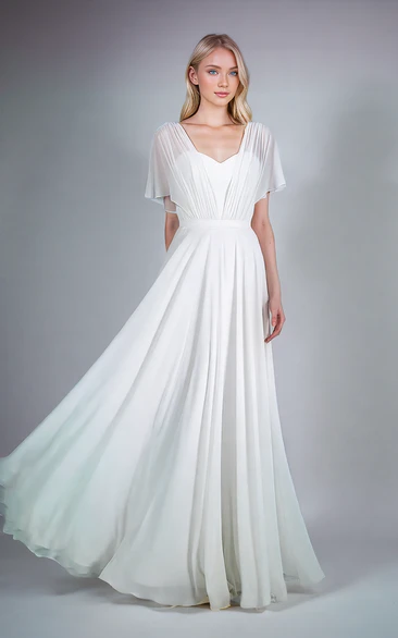 Sweetheart Neck A-Line Corset Back Simple Elegant Floor-length Short Sleeve Pleats Wedding Dress with Sash