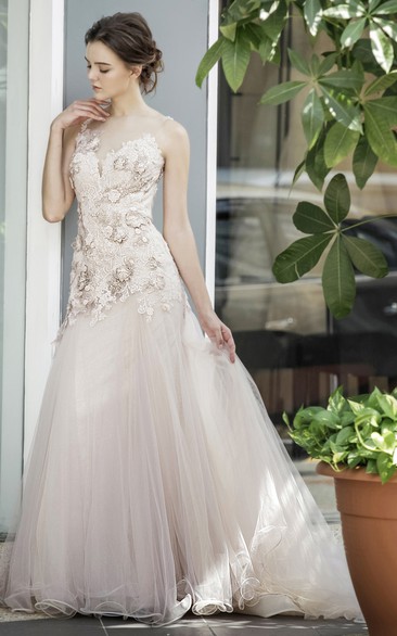 Simple Sheath Tulle Floor-length Sleeveless Formal Dress with Appliques