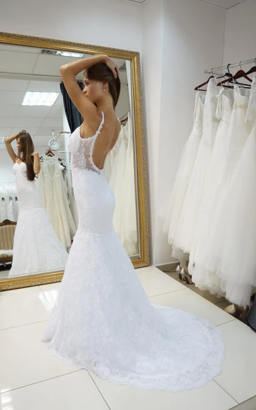 Spaghetti Strap Backless Lace Mermaid Wedding Dress With Court Train