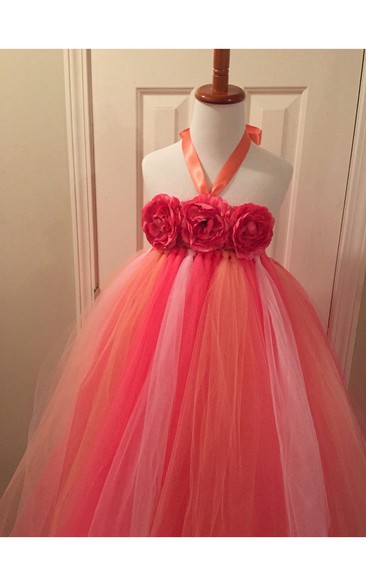 Sleeveless Halter Neck Flower Bust Pleated Tulle Ball Gown With Bow