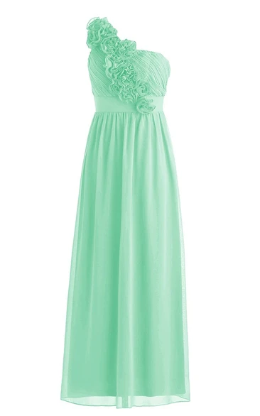 One-shoulder Pleated Chiffon A-line Gown With Flowers