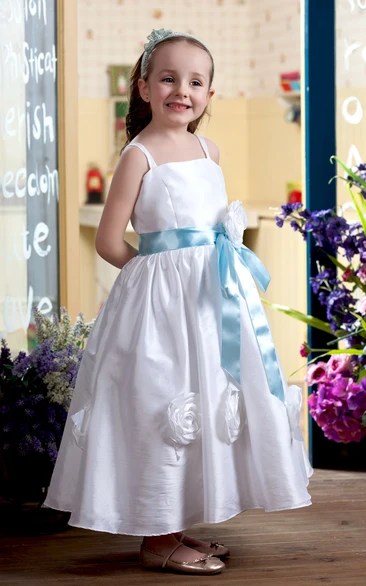 Two-Tone Strapped Ankle-Length Flower Girl Dress With Ribbon