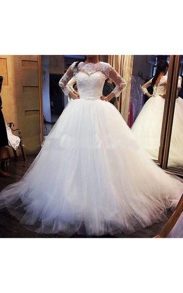 Luxury Bateau Neckline Tulle Ball Gown With Lace Long Sleeve and Lace Up