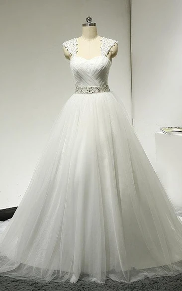 Ball Gown Cap Sleeve Backless Tulle Lace Satin Dress With Beading