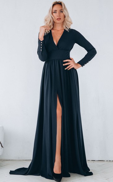 Simple Jersey V-neck A Line Sweep Train Evening Dress with Ruching and Split Front 